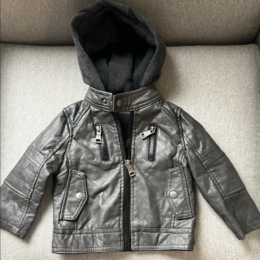 12M Urban Republic Boys Dark charcoal/black Faux Leather Hooded Jacket w/zippers